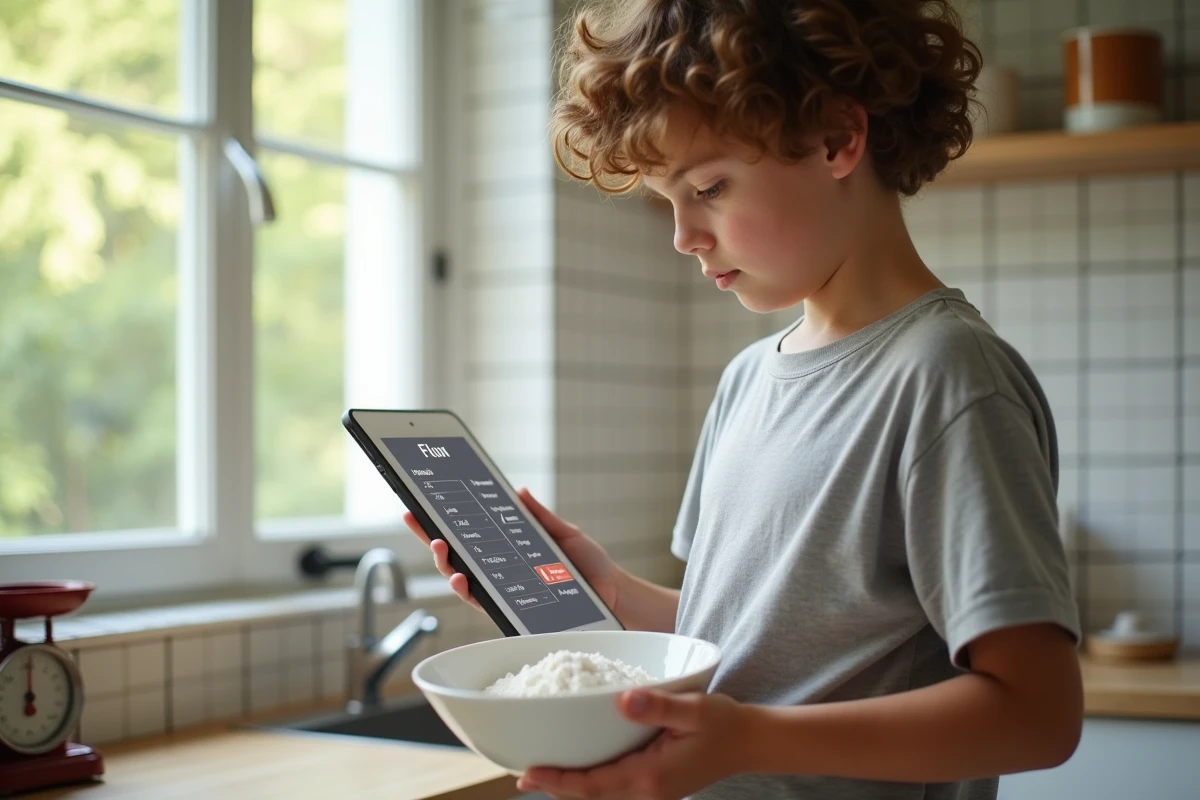 Adolescent lisant un tableau de conversion sur une tablette