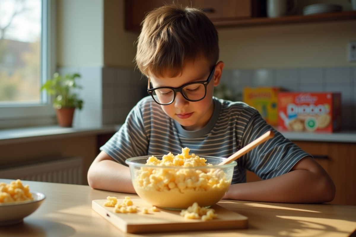 Adolescent regarde le bol de purée instantanée