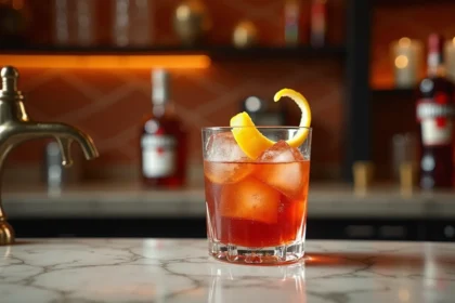 Americano cocktail servi sur un comptoir en marbre avec glaçons, tranche d'orange et zeste de citron, fond de bar italien vintage en bokeh