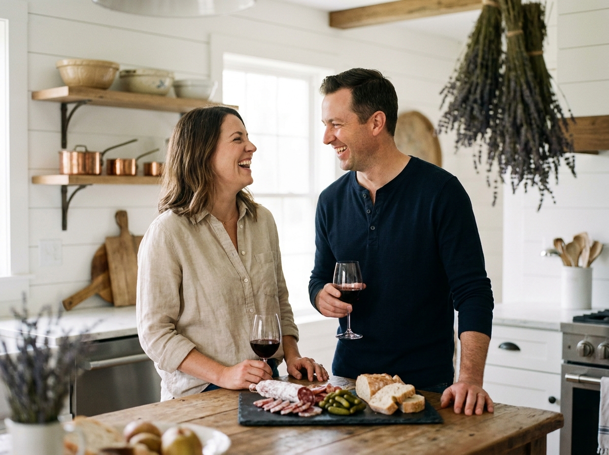 Deux amis adultes riant autour d'un plateau de saucisson et de vin rouge dans une cuisine de style maison de campagne française