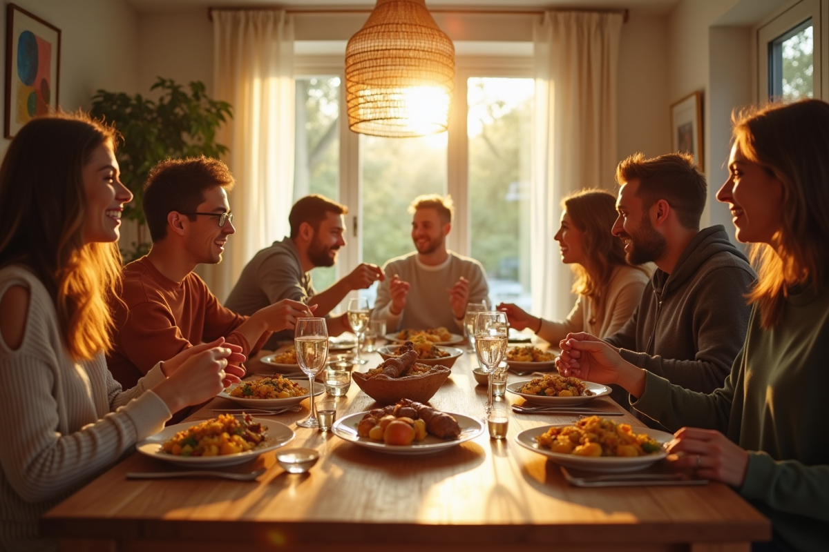 Groupe d amis partageant un repas convivial de lapin