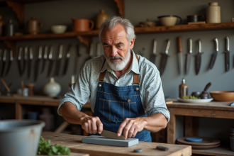 Artisan français affûtant un couteau de cuisine dans son atelier