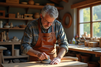 Artisan en train de scier un fauteuil en bois dans son atelier
