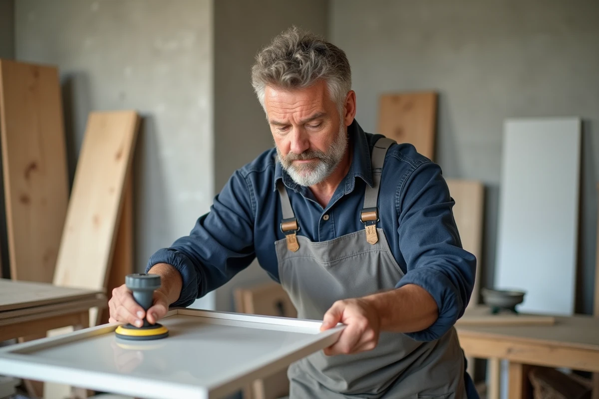 Artisan en tablier gris installant un panneau de façade de cuisine en atelier, avec des matériaux de menuiserie en arrière-plan