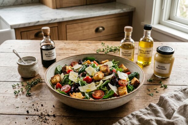 Bol de salade fraîche avec vinaigrette maison, huile d'olive, vinaigre balsamique et moutarde de Dijon sur une table en bois style bistro