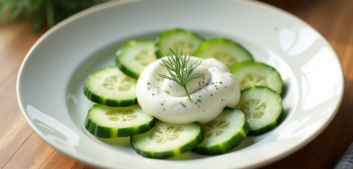 Assiette élégante de concombre en rond avec crème et aneth
