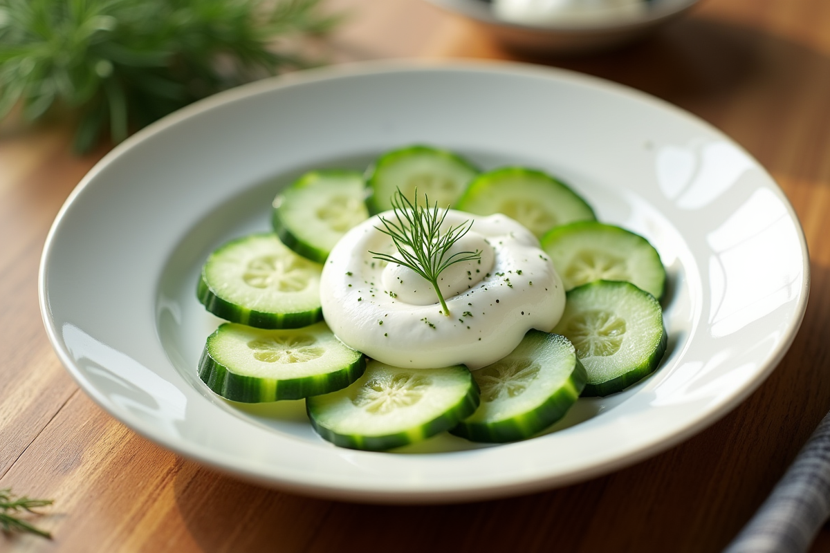 Assiette élégante de concombre en rond avec crème et aneth