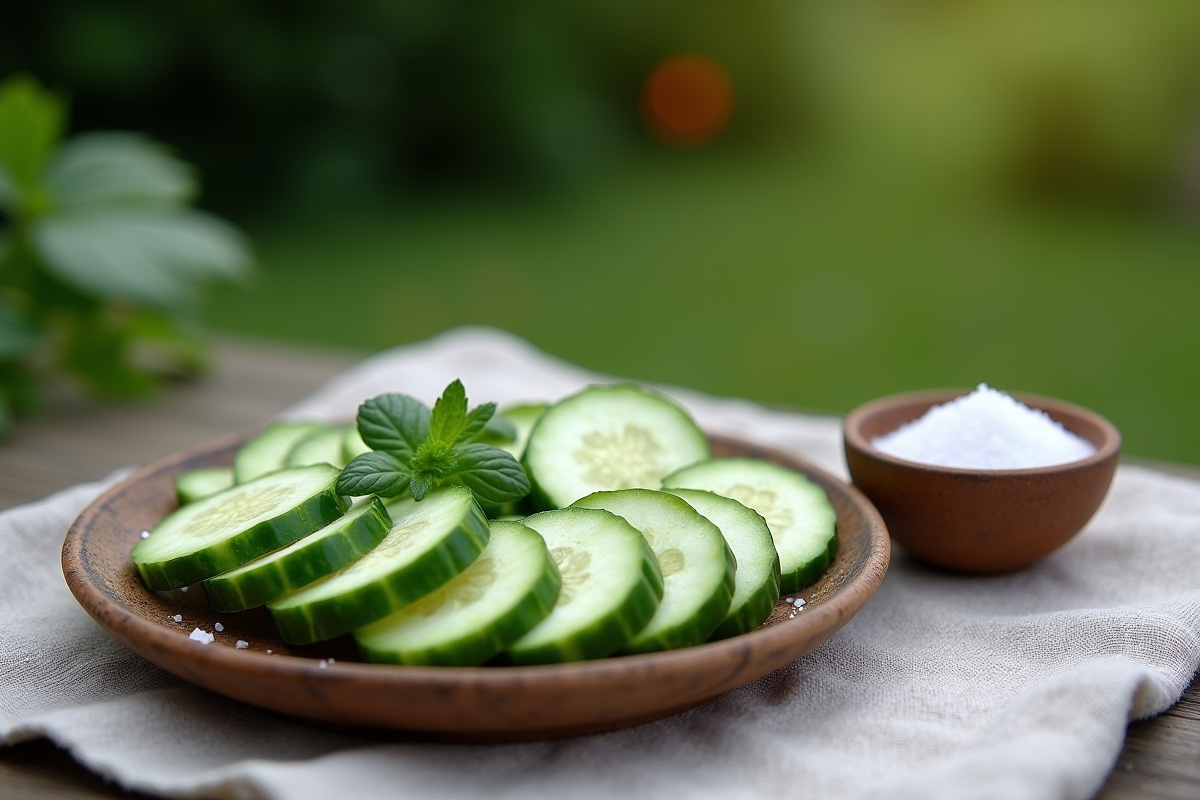 Assiette rustique de tranches de concombre avec sel en poudre