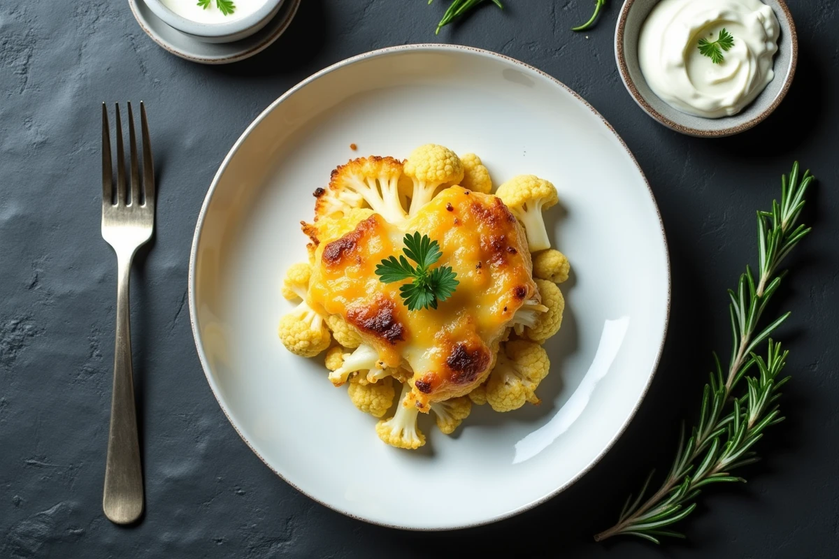Vue de dessus d'une assiette de gratin de chou-fleur et pommes de terre avec garniture de persil frais