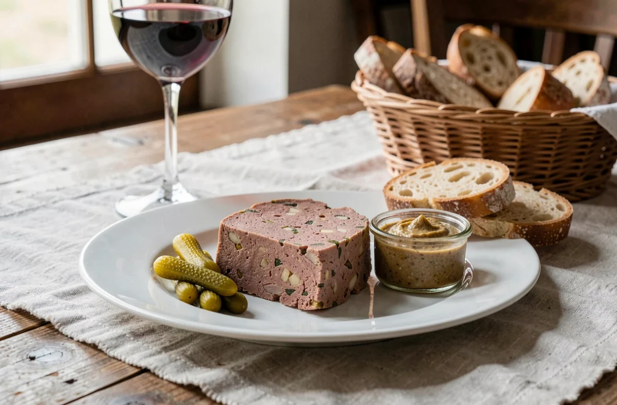 Tranche de terrine de gibier dressée sur assiette blanche avec cornichons, moutarde et pain de campagne dans un restaurant rustique