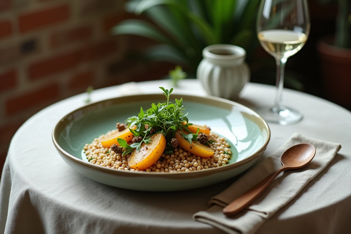 Assiette végétarienne raffinée avec salsifis, oseille et sarrasin dans un bol en céramique artisanale