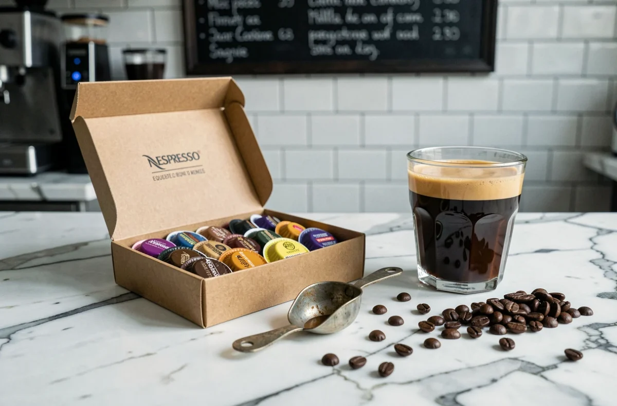 Assortiment de capsules compatibles Nespresso pour espresso serré posé sur marbre blanc avec grains de café et verre d'expresso