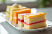 Tranches de gâteau Joconde avec différentes garnitures élégamment disposées