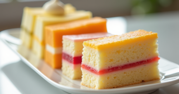 Tranches de gâteau Joconde avec différentes garnitures élégamment disposées