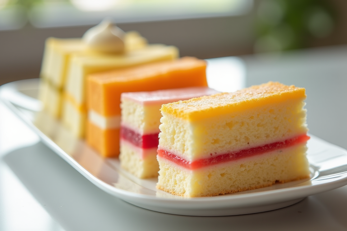 Tranches de gâteau Joconde avec différentes garnitures élégamment disposées