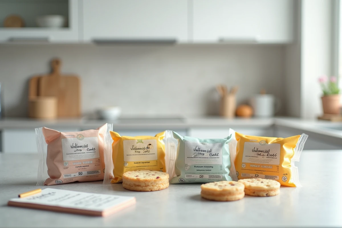 Assortiment de gâteaux industriels peu caloriques disposés sur un comptoir avec leurs étiquettes nutritionnelles visibles