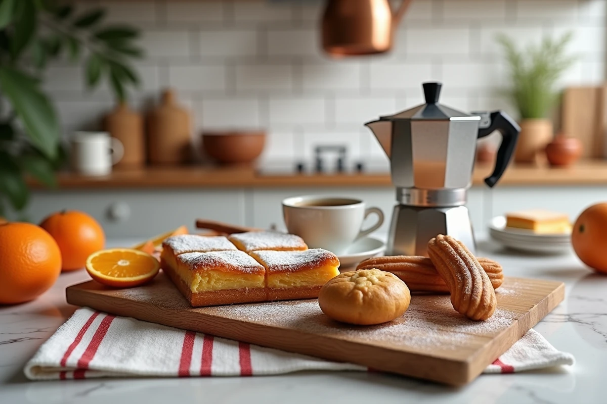 Assortiment de pâtisseries espagnoles traditionnelles avec café sur un plateau en bois dans une cuisine méditerranéenne