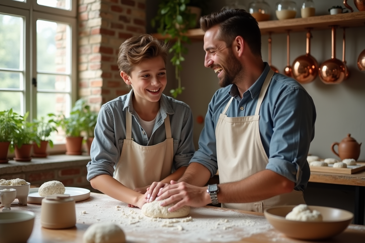 Pere et fils riant en pétrissant la pâte dans un atelier rustique