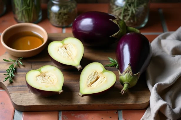 Aubergines coupées en deux sur une planche en bois rustique, prêtes à être enfournées avec de l'huile d'olive et du thym frais