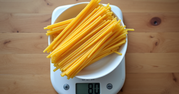 Maîtriser les quantités : combien de grammes de pâtes pour une portion ? Balance de cuisine mesurant 80g de spaghetti cru