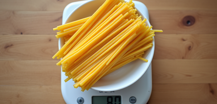 Balance de cuisine mesurant 80g de spaghetti cru