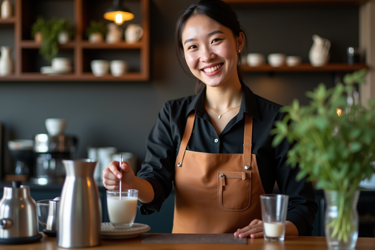 Jeune barista souriante frothant du lait dans un café moderne