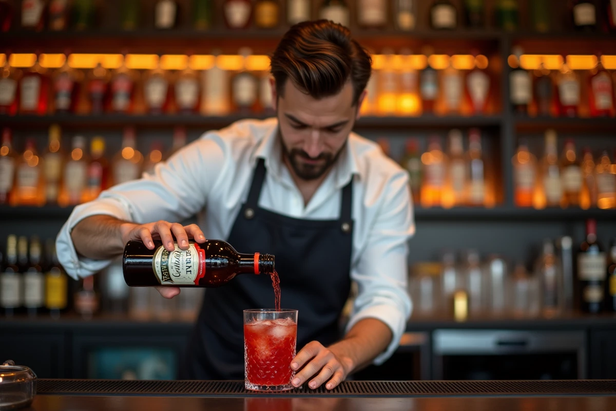 Barman professionnel versant du Campari dans un verre à mélange rempli de glace, geste précis et expression concentrée dans un bar à cocktails moderne