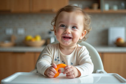 Bébé souriant de 10 mois avec anneau de dentition