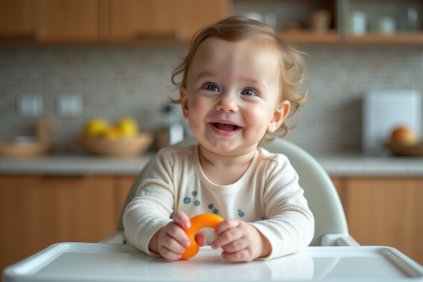 Bébé souriant de 10 mois avec anneau de dentition