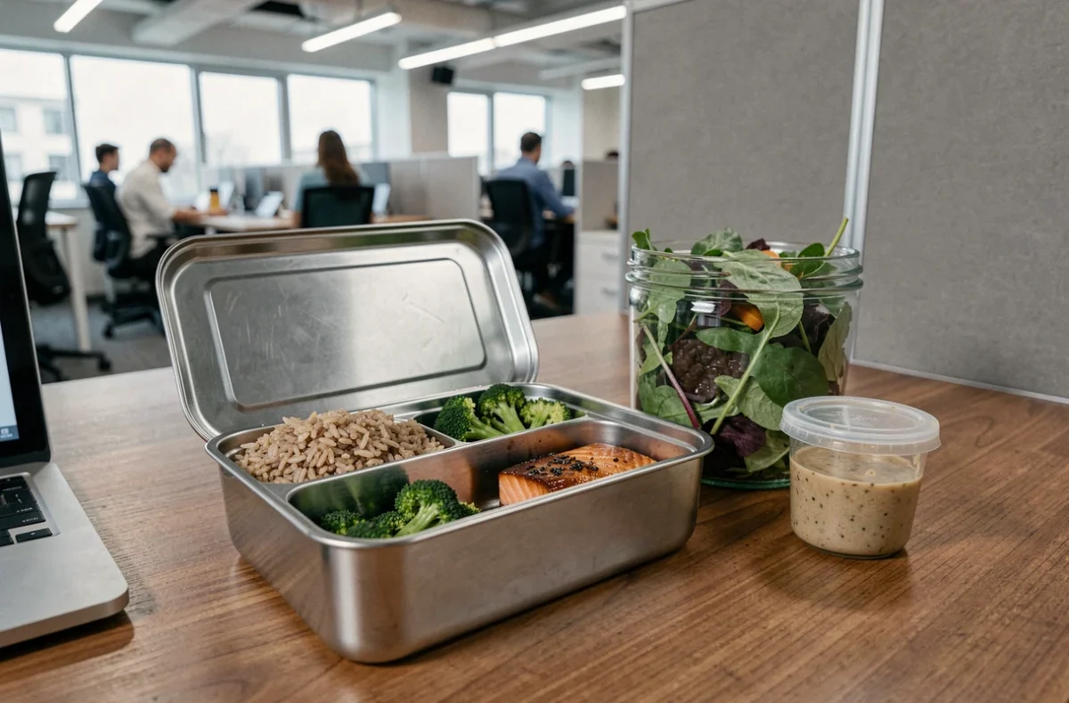 Bento box repas équilibré posé sur un bureau avec riz, saumon et légumes pour un déjeuner express au travail