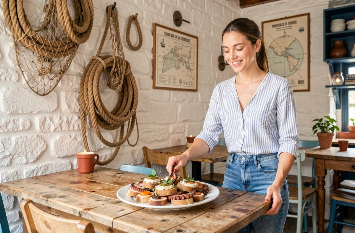 Intérieur marin du Bistro Pulpo à Dunkerque avec décor nautique et assiette de tapas posée sur une table en bois brut