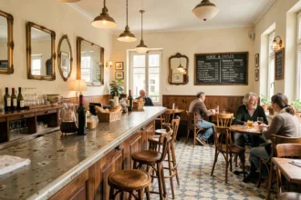 Intérieur chaleureux d'un bistrot traditionnel du Nord de la France avec comptoir en zinc, carrelage vintage et clientèle locale