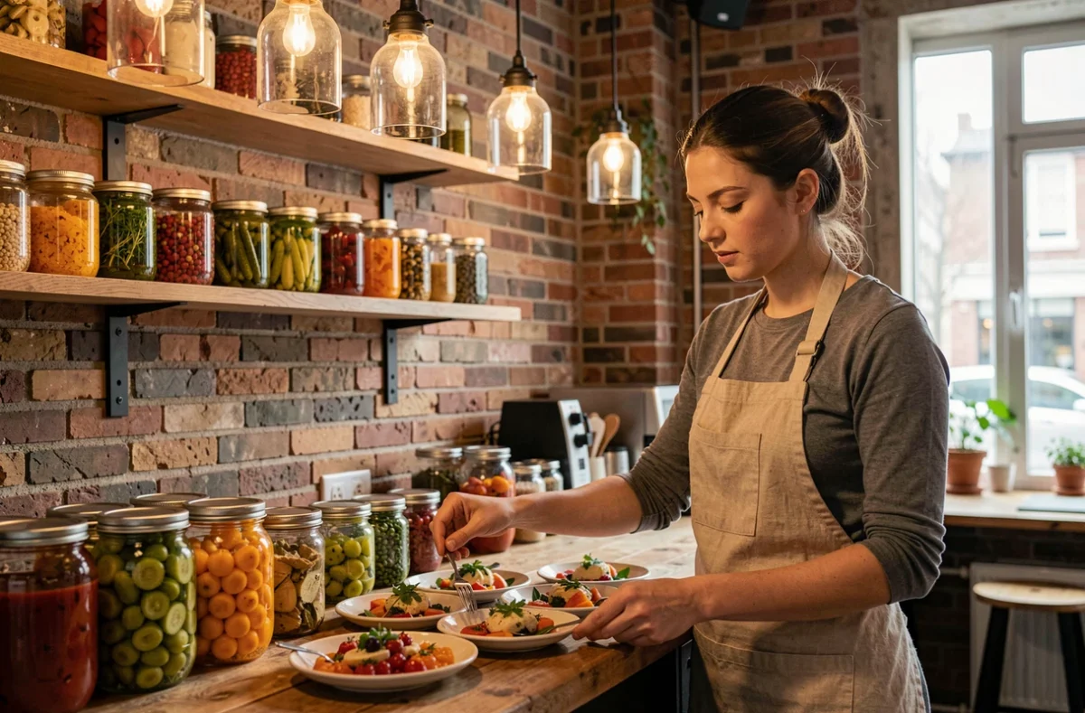 Intérieur du bistrot Bocal à Lille avec mur en briques apparentes et bocaux de conserves faites maison sur des étagères ouvertes