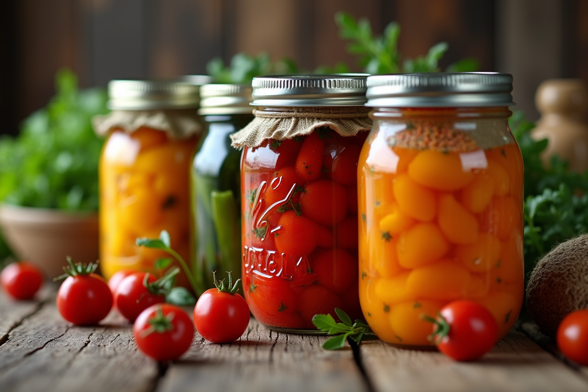 Bocaux de légumes maison sur table en bois rustique