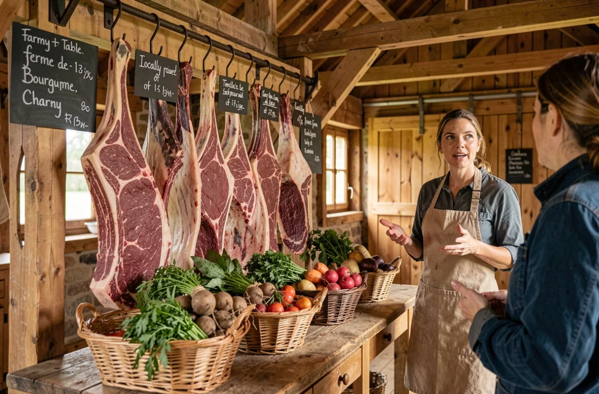 Étal de circuit court du Boeuf Tricolore Boucherie Ferme de Bourgogne à Charny avec viande locale et légumes du terroir
