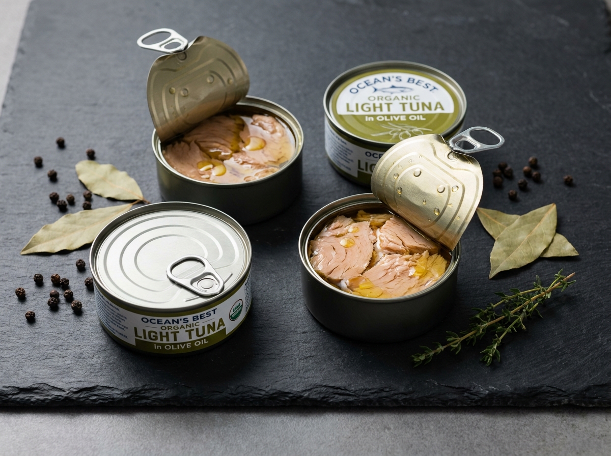 Boîtes de conserve de thon bio ouvertes sur ardoise avec herbes et épices, présentation éditoriale
