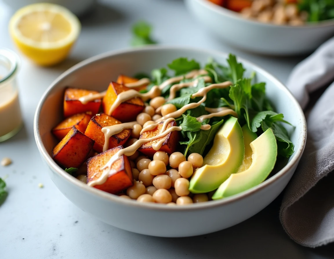 Bol healthy avec des cubes de patate douce rôtie, pois chiches, avocat et sauce tahini dans un décor minimaliste scandinave