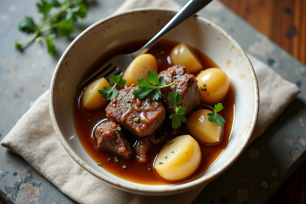 Bol de ragoût d'agneau fumant servi à table avec légumes racines, jus brillant et persil frais, vue du dessus