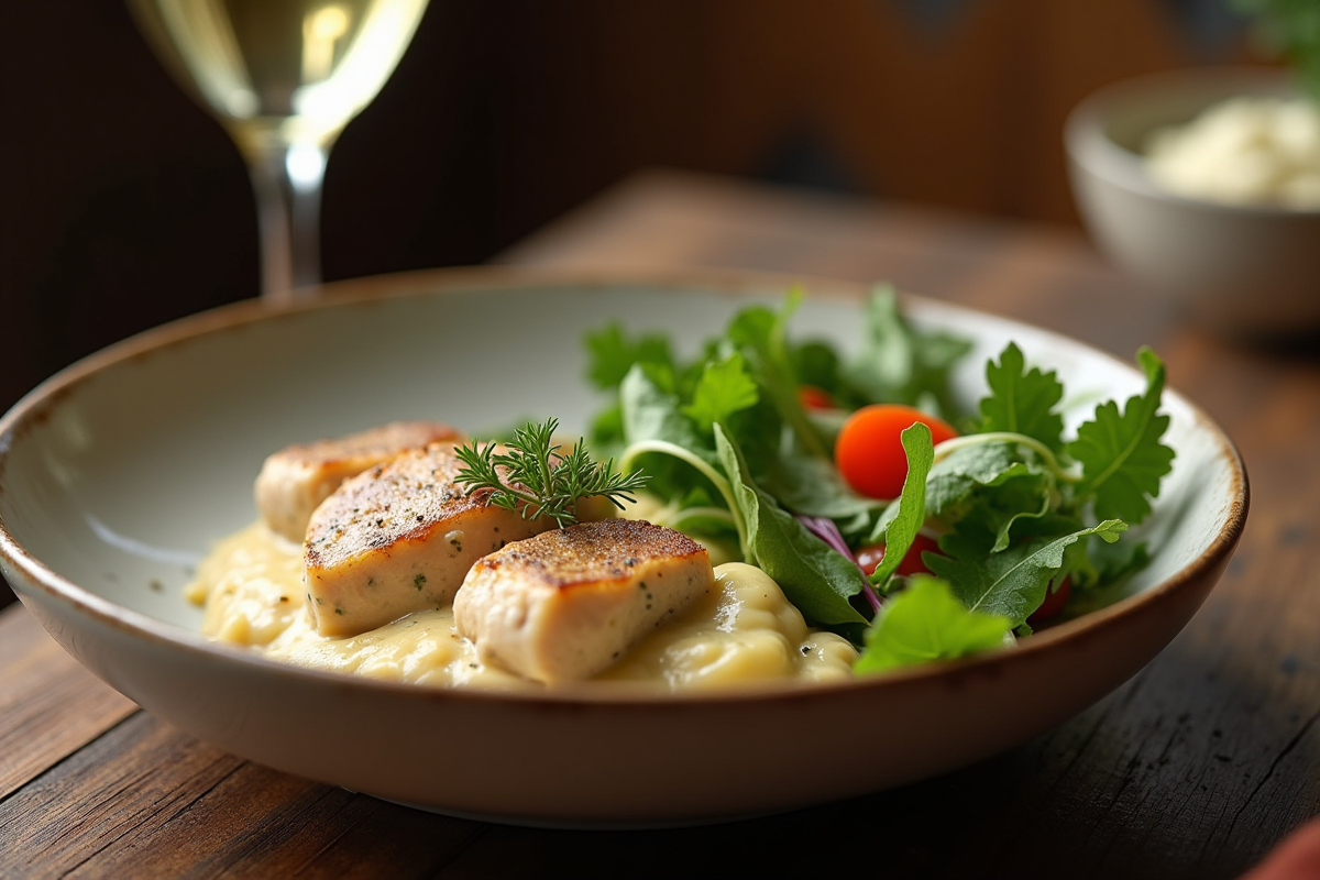 Bol de veau blanquette avec salade et vin blanc