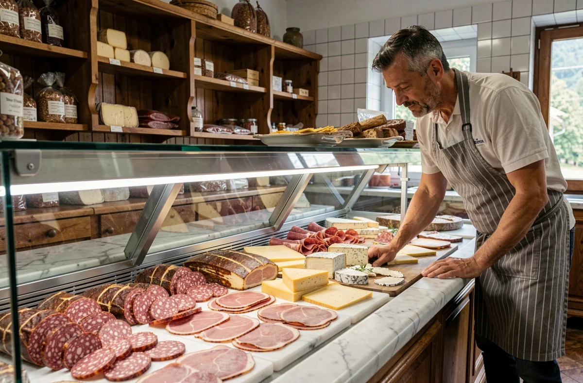 Comptoir de charcuterie et traiteur de la Boucherie Brelot à Poligny avec saucisse de Morteau et comté