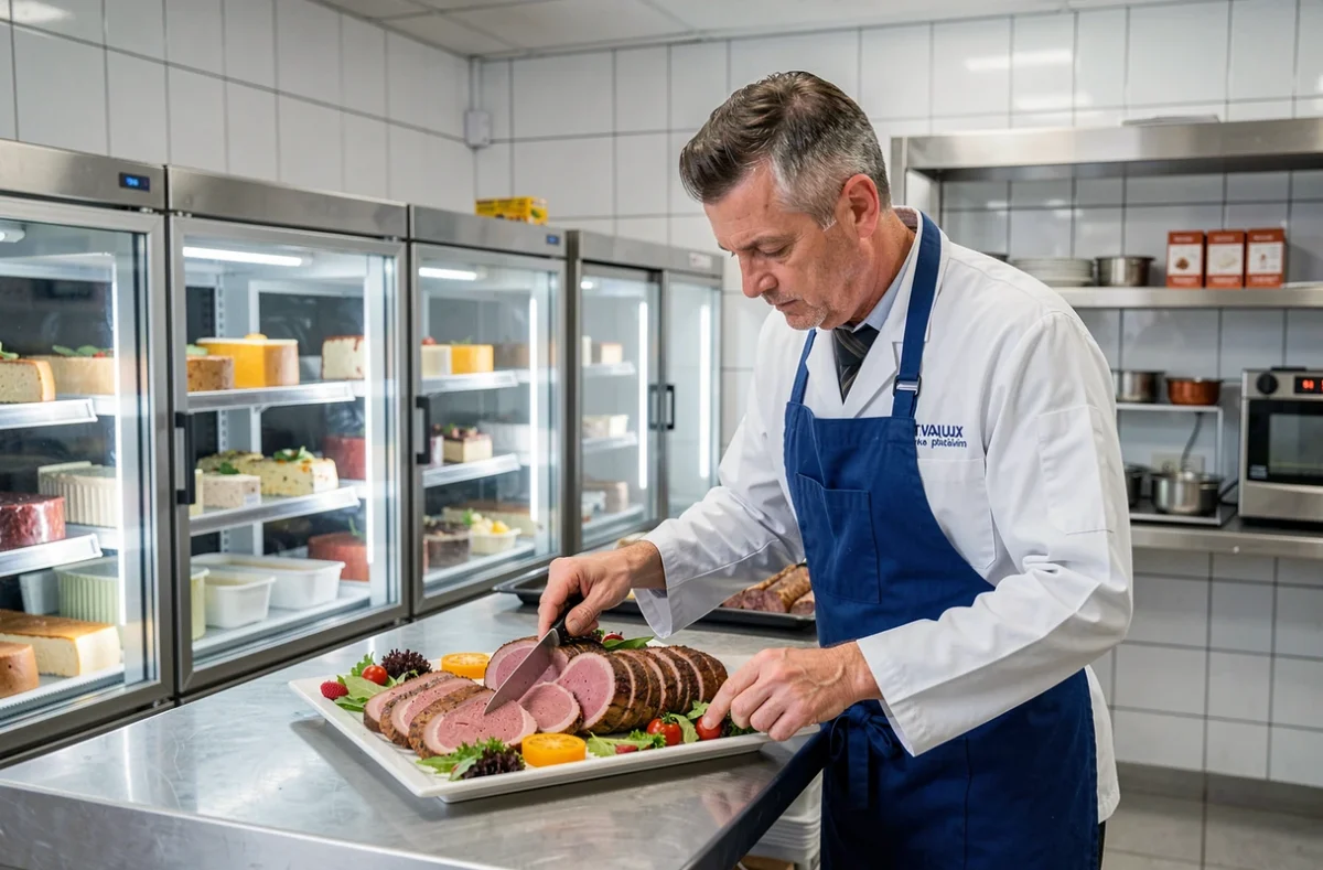 Boucher traiteur de la Boucherie Traiteur Binz à Tavaux dressant un plateau de viandes rôties pour une prestation complète