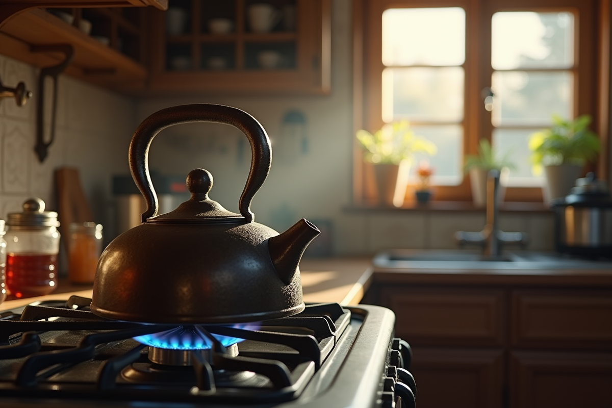 Bouilloire traditionnelle sur une cuisiniere à gaz avec flammes bleues