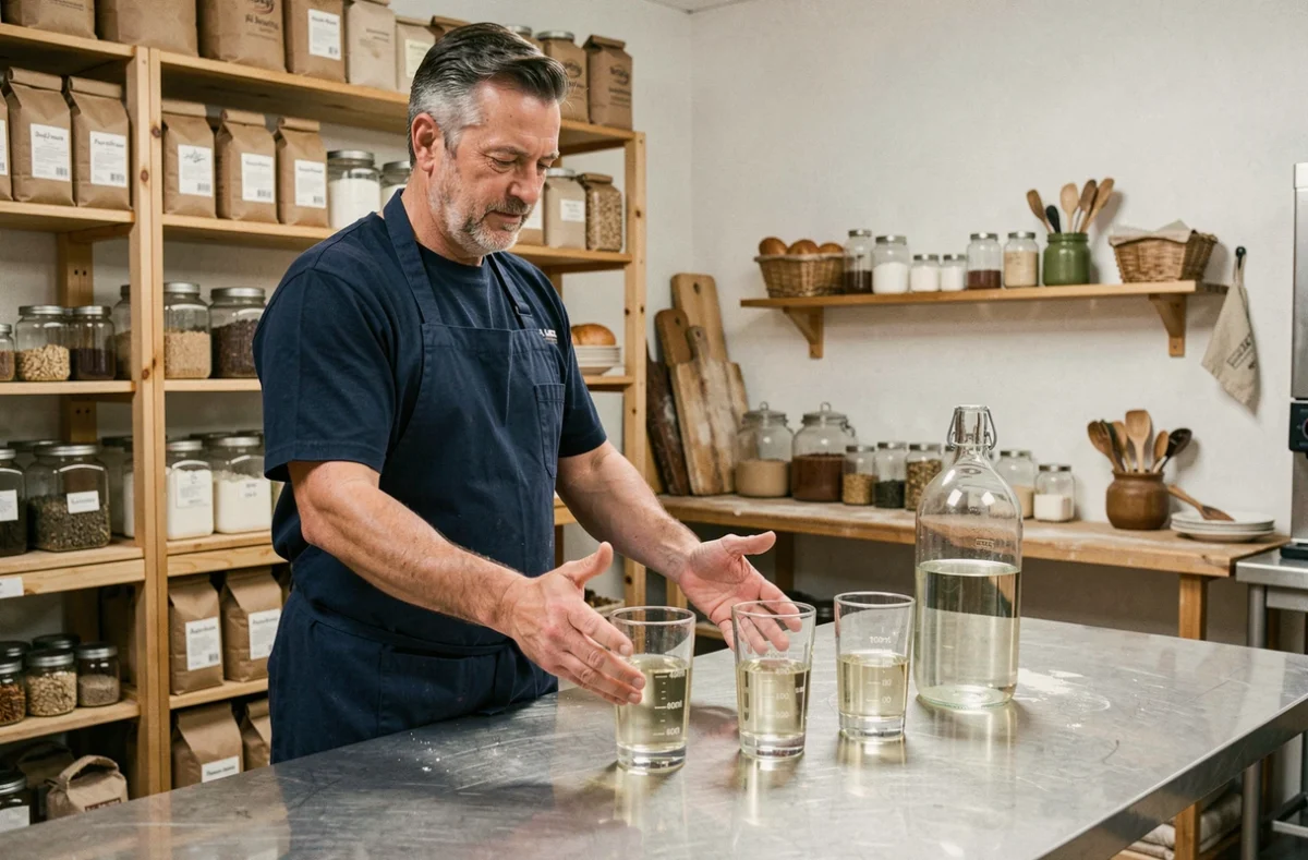 Boulanger artisan comparant des verres de 40 cl avec une bouteille d'un litre pour illustrer la conversion des volumes en cuisine
