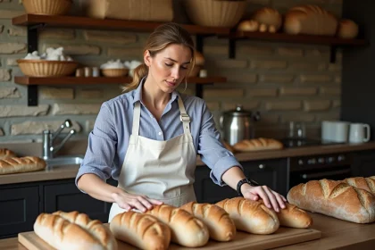 Boulangère avec baguettes dorées dans une boulangerie