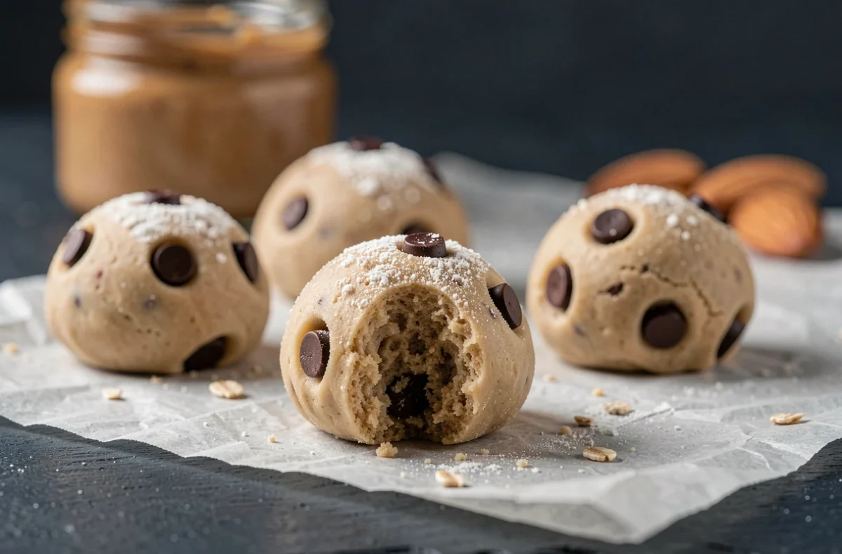 Gros plan de boules de pâte à cookie crue healthy sur papier sulfurisé avec pépites de chocolat noir et beurre d'amande