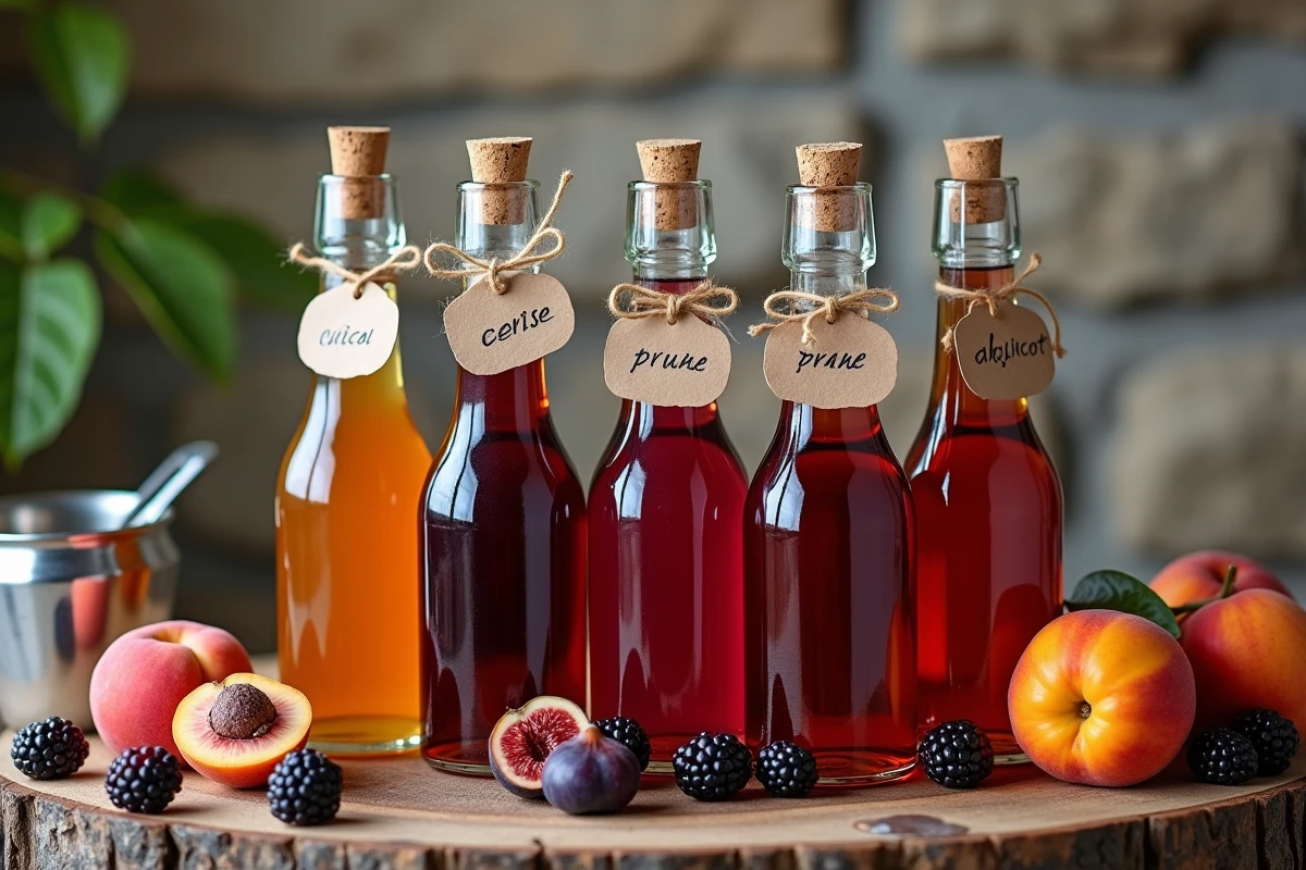 Bouteilles de liqueurs maison aux fruits alignées sur une table en bois rustique avec étiquettes artisanales