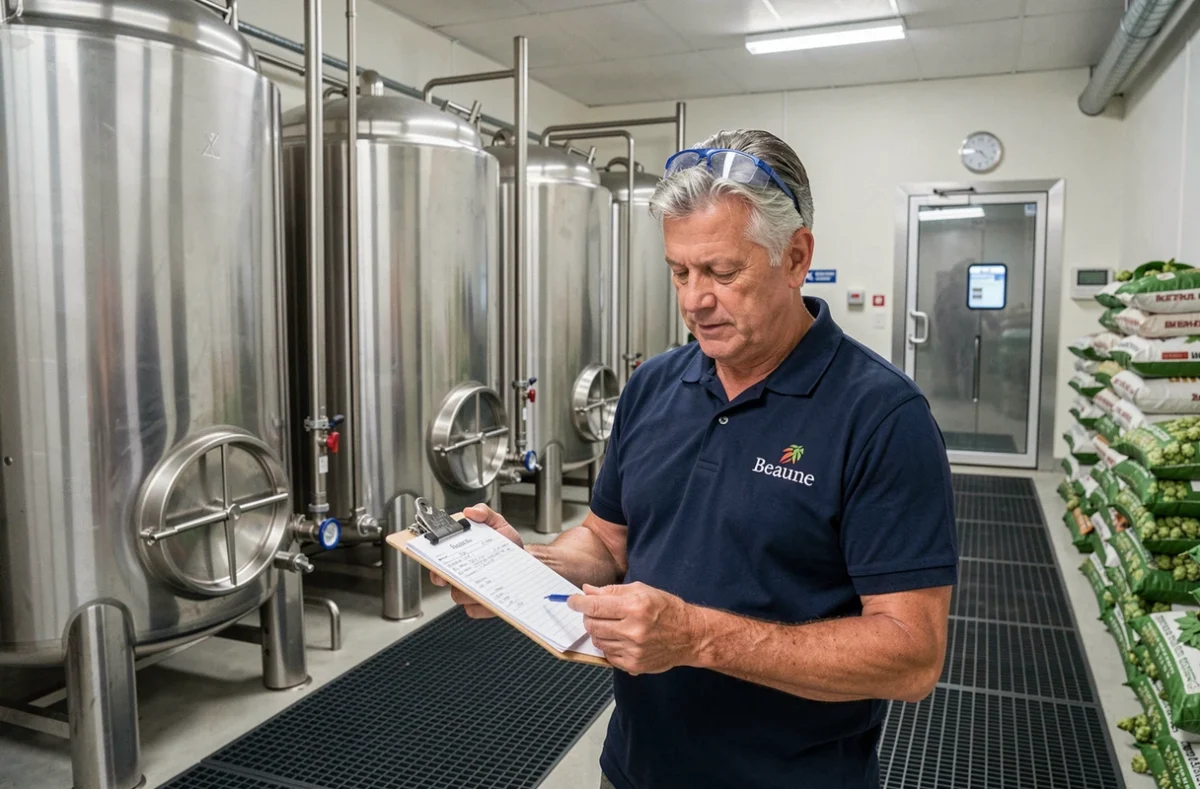 Maître brasseur de la brasserie Belenium à Beaune consultant un cahier de brassage devant des cuves cylindroconiques en acier inoxydable dans un atelier de production organisé
