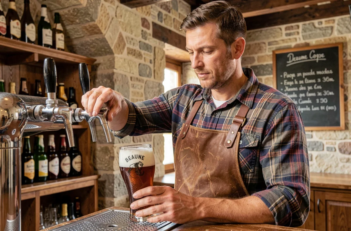 Brasseur de la Brasserie de France à Beaune versant une bière artisanale à la pression dans un verre de dégustation devant un comptoir en pierre