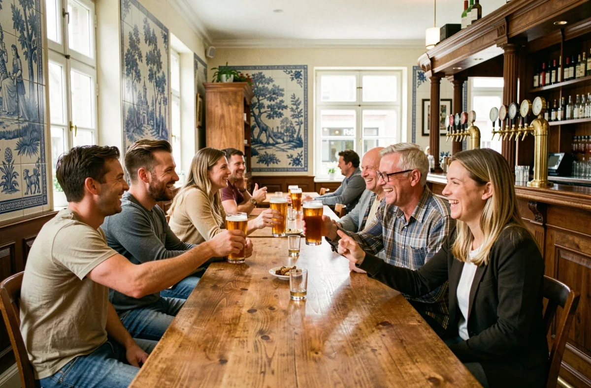 Intérieur de La Brasserie d'en Haut à Saint-Python avec longues tables en bois, carrelage Delft et groupe d'amis trinquant à la bière