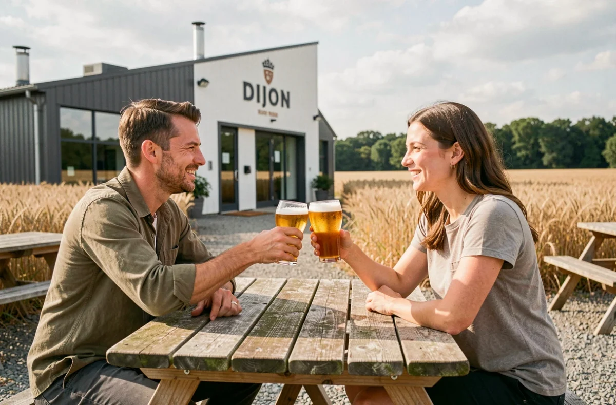 Deux amis trinquant avec des bières artisanales en terrasse extérieure devant les locaux de la brasserie Elixkir près de Dijon, entourés de champs de blé dorés